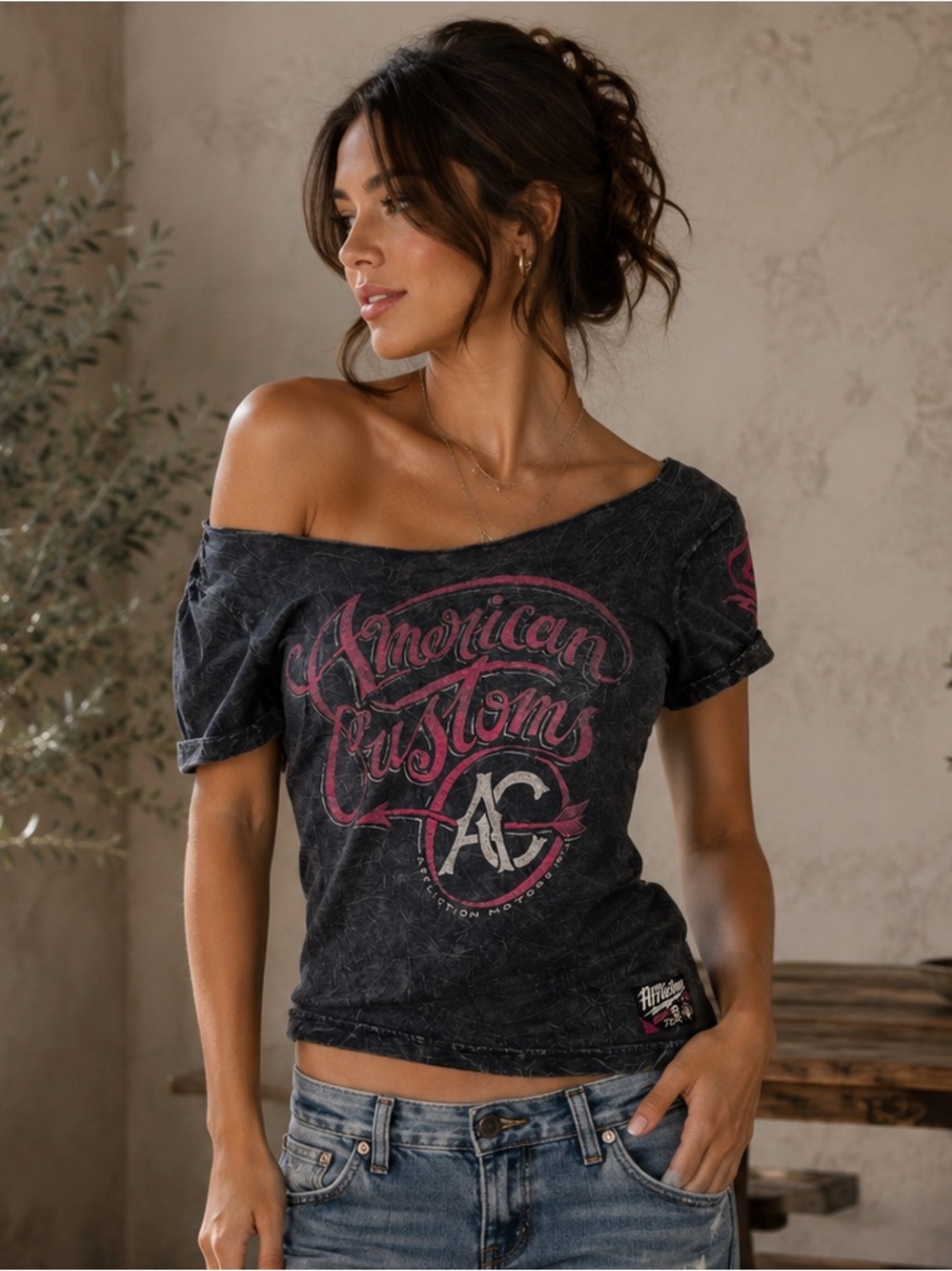 Y2K Affliction Live Fast Women's Off-the-Shoulder Graphic Top Size Medium